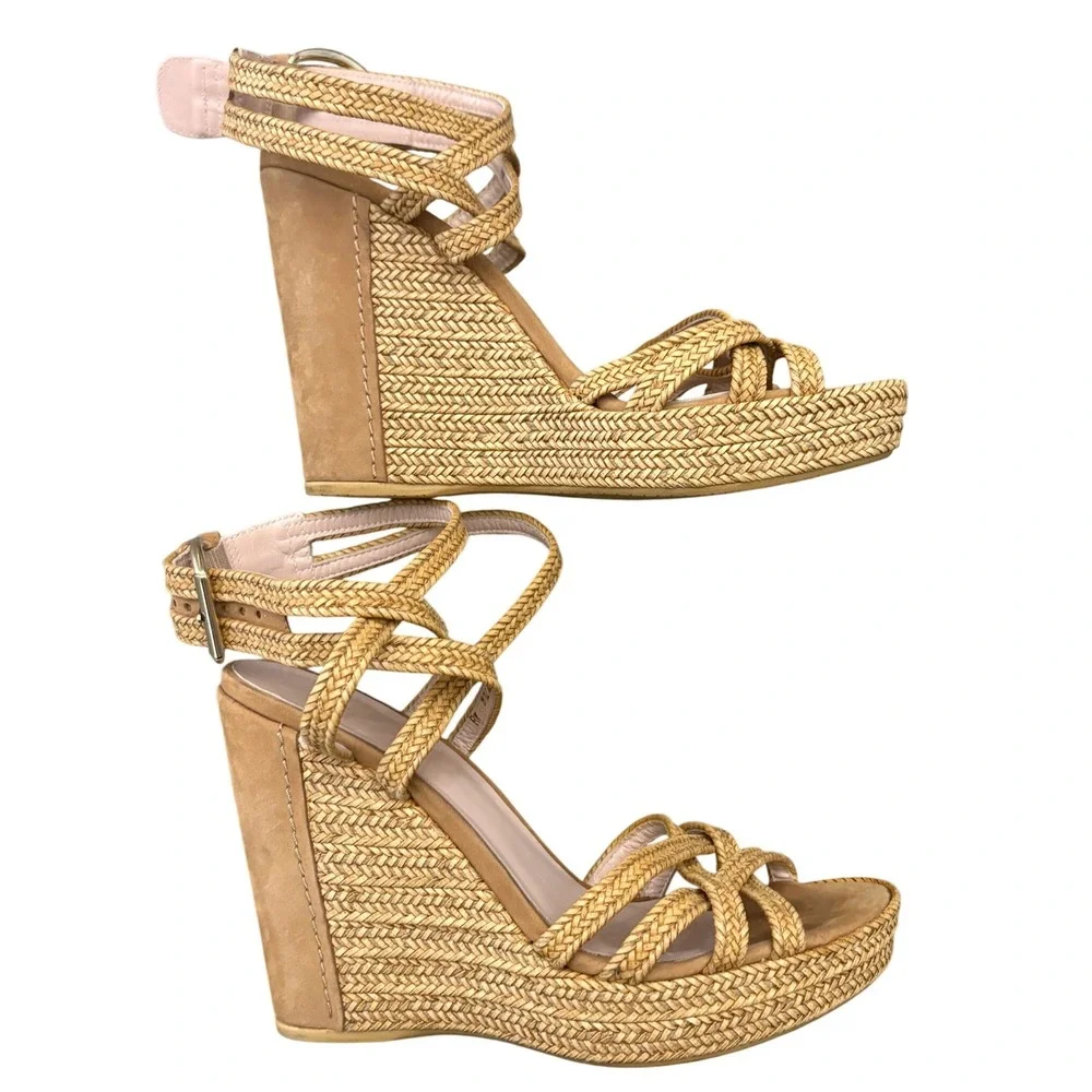 Stuart Weitzman Reins Wedge Sandals Womens Size 8 Tan Braided Leather Heels